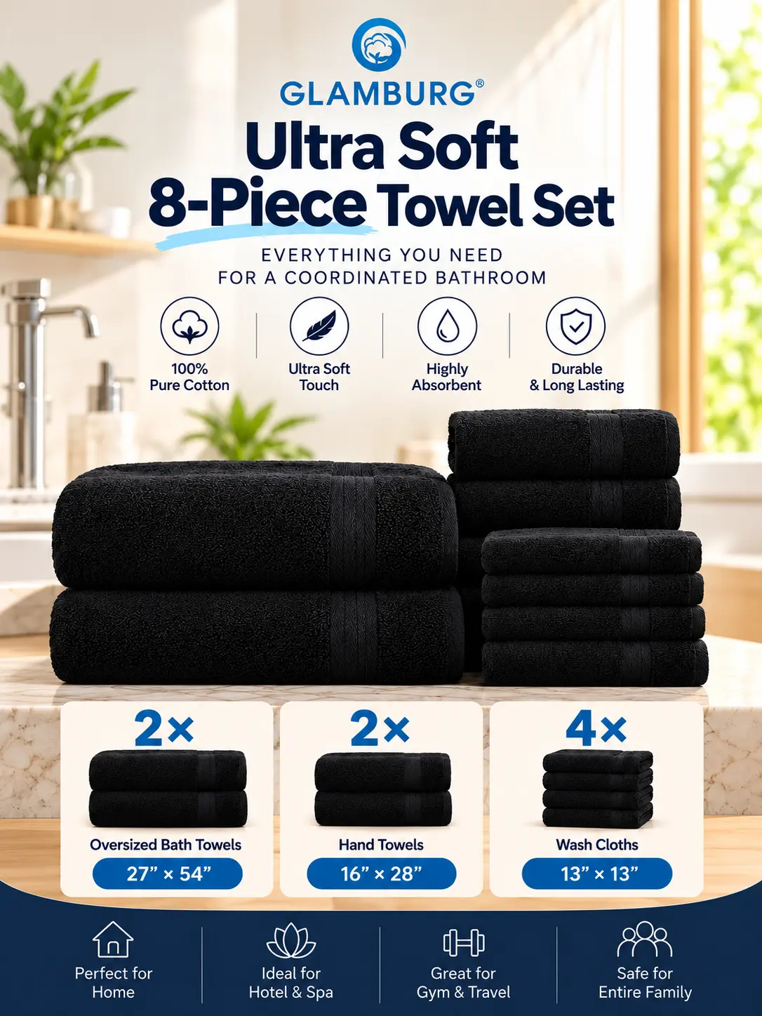 Glamburg 8-Piece Ultra Soft 100% Pure Ringspun Cotton Set - 2 Oversized Bath (27x54 in), 2 Hand (16x28 in), 4 Wash Cloths (13x13 in) - Ideal for Everyday Use