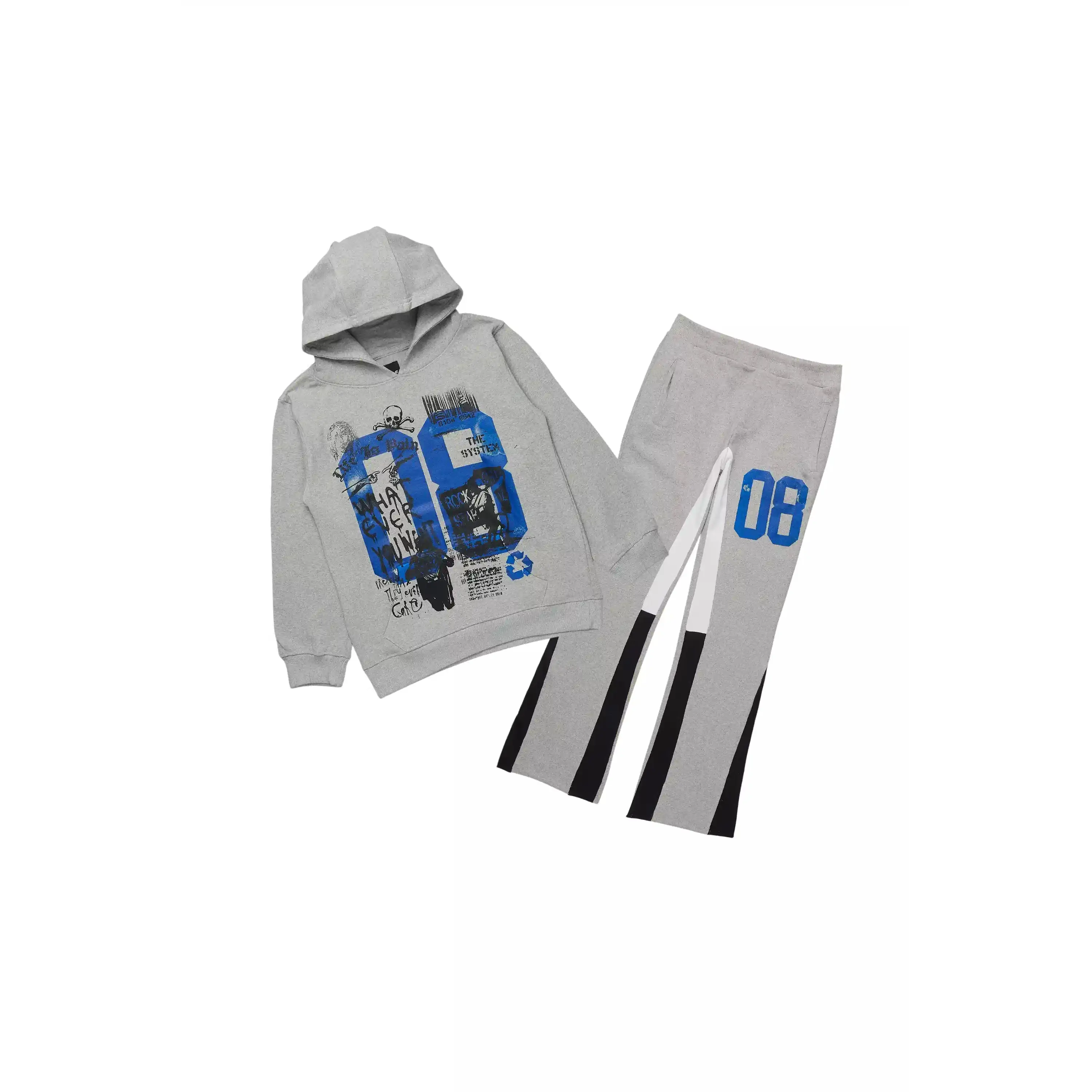 Boys Beau Grey/Blue Hoodie Stacked Flare Track Set
