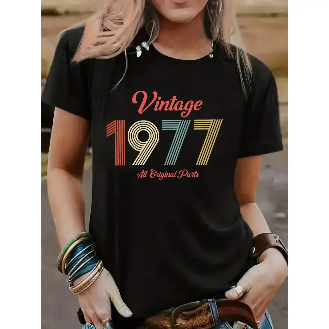 Vintage 1977 Print T-shirt, Casual Crew Neck Short Sleeve T-shirt, Women's Clothing Cotton Crewneck