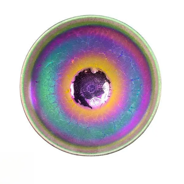 Iridescent Rainbow Crackle Glaze Tea Bowl Handcrafted Teaware with Unique Colorful Crackle Design