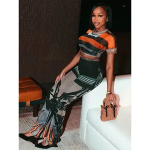 loose compression shirt Colorful Print 2-Piece Set Elasticity Women See Through o-Neck Tops+Flared Trousers Summer Trend Daily Matching Suits Womenswear Clothes Bridal Grey sleek pant coral  shorts fashion clothing tween girl solid color multi pocket High