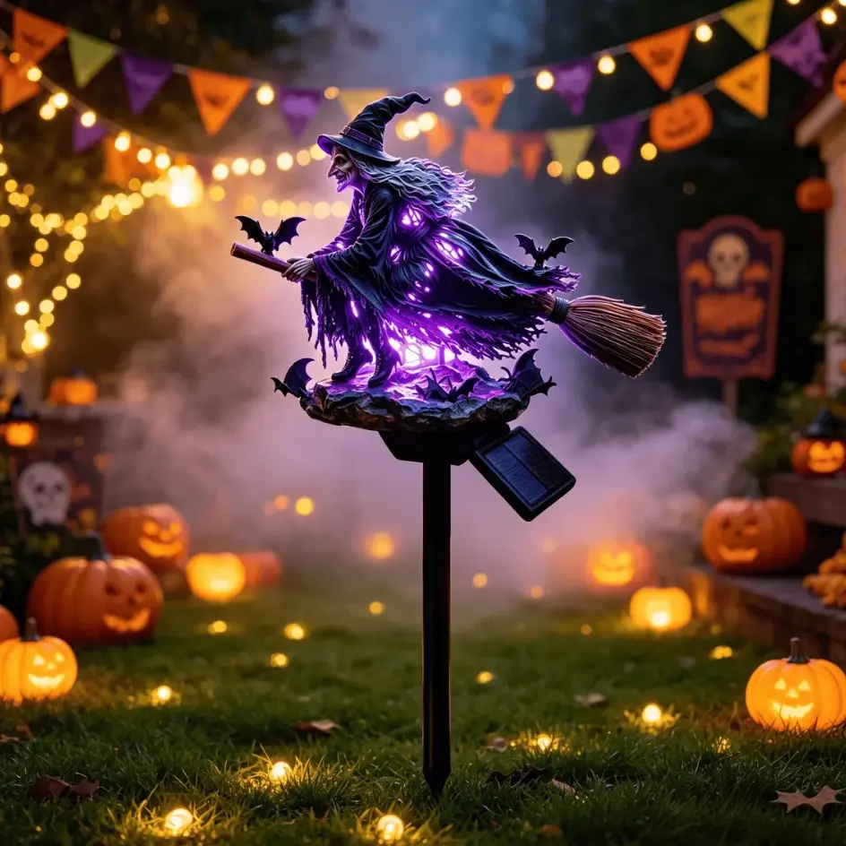 Solar Halloween Flying Witch Garden Stake Light - Spooky Purple LED Waterproof Outdoor Yard Art Lawn Landscape Decor Ornament with Bats for Pathway, Backyard, Patio, and Party Celebration Gift