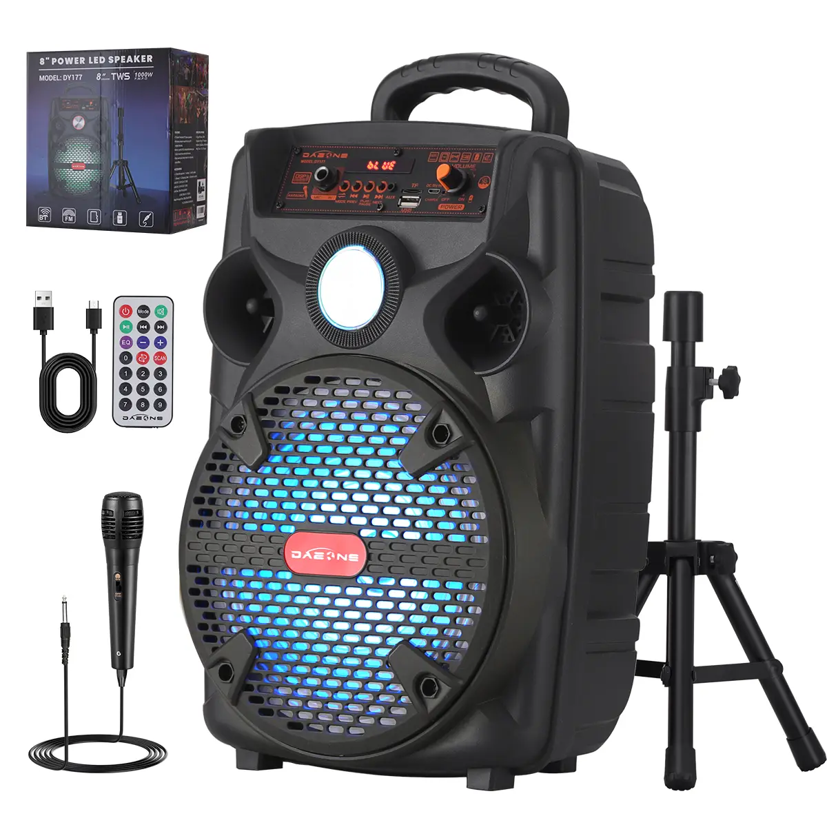 Portable Bluetooth Speaker 8'' Sub woofer Heavy Bass Sound System Party + Mic Bluetooth, Remote Control, Wireless, Portable, Rechargeable, Rolling Wheels, Extendable handle, Party Lights, LED Indicator Display