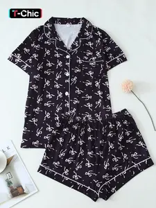 Women's Cute Bowknot Matching Pajama Set, Loungewear Comfortable Lapel Short Sleeve Fitted Shirt Top & Elastic Shorts, All Seasons Wearable