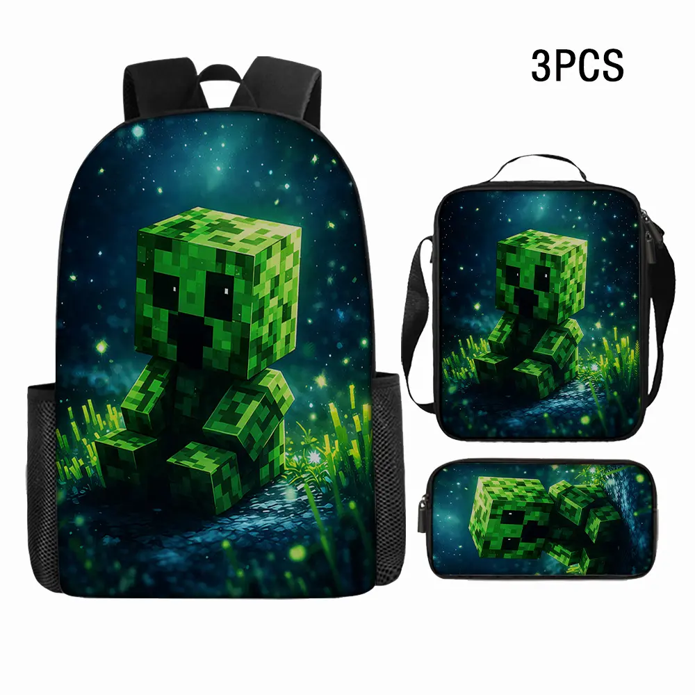 Kids' 3-Piece Backpack Set, Water Resistant 600D Oxford School Bag for 15-Inch Laptop with Insulated Lunch Box & Pencil Case, Pixelated Monster Print, Top Handle for Back to School, Back To School Haul