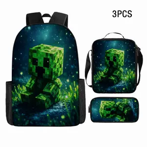 Durable Water Resistant 3-Piece Backpack Set for Kids, Lightweight School Bag with Lunch Box & Pencil Case, 600D Oxford Cloth, Breathable Padded Straps & Mesh Back, Large Capacity Fits 15-inch Laptop, Insulated Lunch Bag, Minecraft Creeper Print with Magi