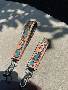 Tooled Leather Keychain - tan/turquoise/design