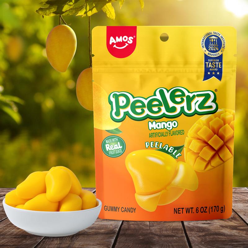 Amos Peelerz - Green Apple Lychee Mango Pineapple Peelable Fruit Gummies Made with Real Juice 8Pack Fruity Mix Sweet Crisp Exotic Candy Snack