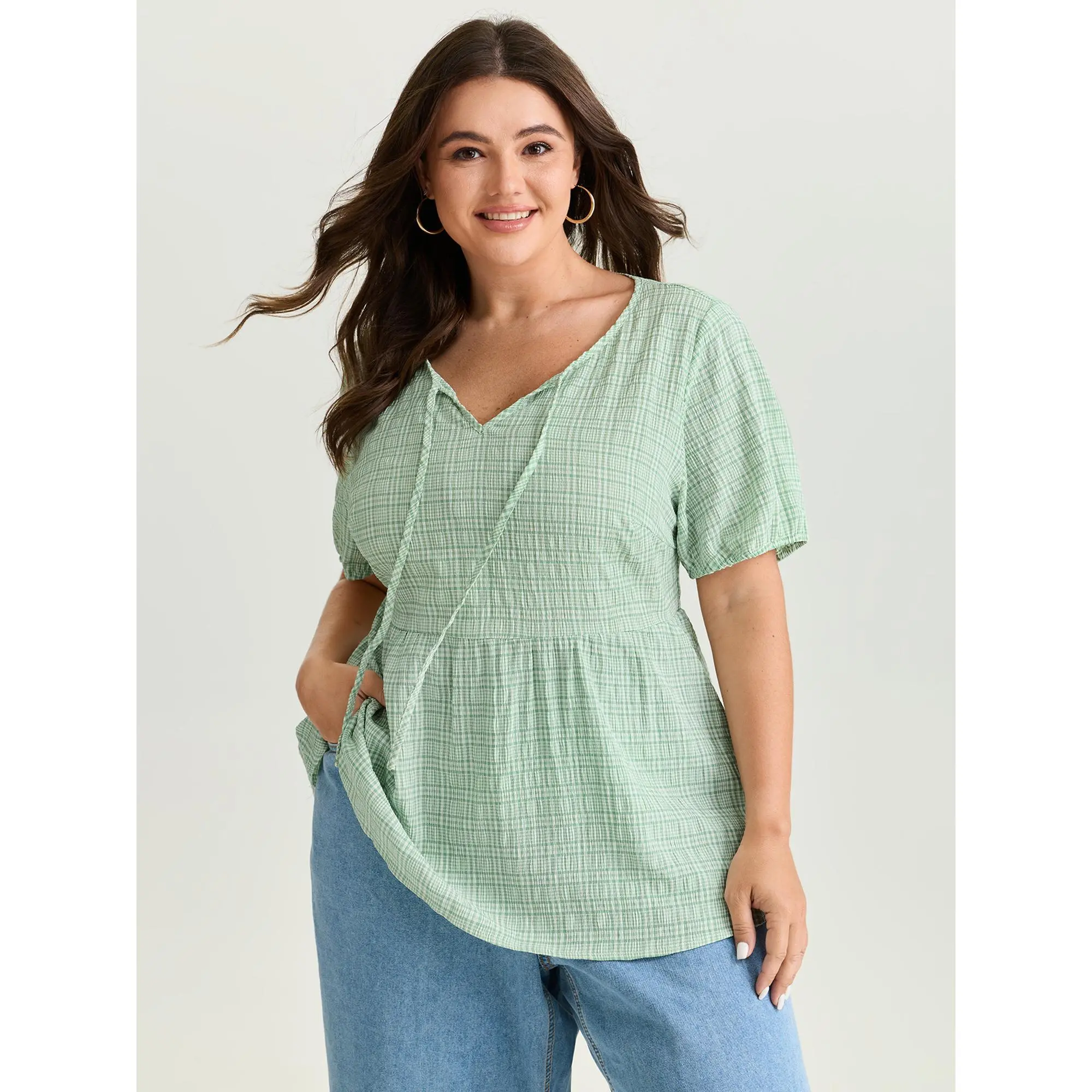 BloomChic Women's Plus Size Plaid Blouse, Comfy Casual Lantern Short Sleeves with a Tie-Knot Round Neck in Rayon Spandex, Fabric, Shirts, Smooth, Garment, Plus Size Tops, Curvy Clothing, Casual Wear, Ootd Ideas, Dress Casual