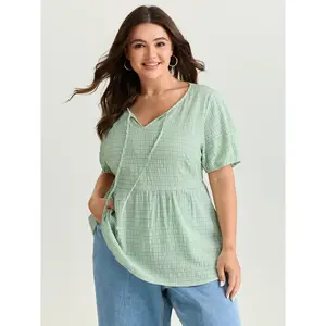 BloomChic Women's Plus Size Lady Top - Grid Textured, Drawstring Neckline, Short Sleeve, Spandex Fabric, Smooth Fit Clothes, M-6X, 2026 Summer Mother's Day Pick,summervibes Garment Womenswear