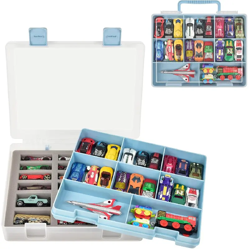 Double-Layer Storage for 1/64 Scale Hot Wheels & for Matchbox Cars, with 18 Sponge Slots & 8 Compartments Holds 36-44 Mini Vehicles-Portable Box for Collectors, Home Use, Travel (Blue, Case Only)