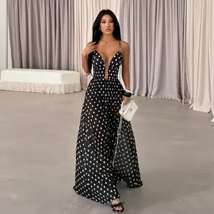 XY25192PFO-Spring Break Outfits, Womens Casual Vacation See-through Mesh Polka Dot Sleeveless Deep-V Neck A-line Spaghetti Strap Long Dress, Holiday Beach Sheer Mesh Dress SpringStatements