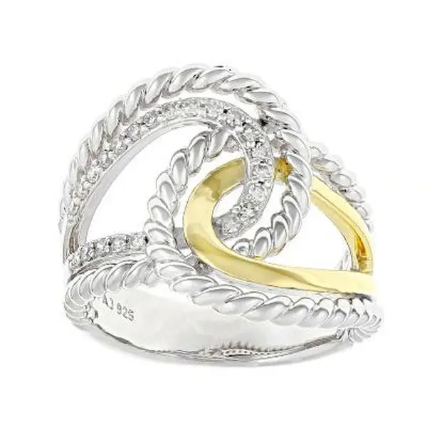 JTV White Lab-grown Diamond G-H SI 18K Gold and Rhodium Over Silver Rope Design Bypass Ring 0.20ctw