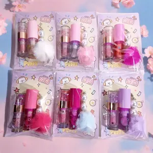 Cute Transparent Bear Glitter Lip Gel + Moisturizing Colored Lip Oil 2pcs Set, Lip Care Combo, Hydrating and Shiny Lips
