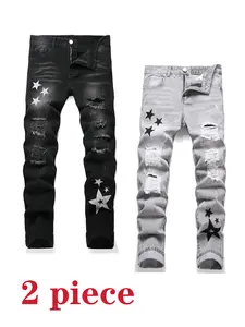 Men's 2 Pack Jeans, Black & Grey Casual Ripped Slim Fit Denim Pants, Street Style Comfy Breathable Straight Leg Trousers Streetwear
