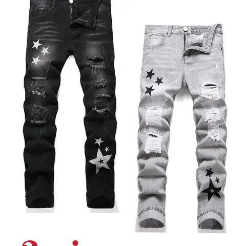 2 Pieces Men's Jeans, Black & Grey Casual Ripped Slim Fit Denim Pants Breathable Streetwear Trousers Star Embroidered jeans for men