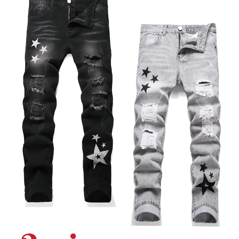 2 Pieces Men's Jeans, Black & Grey Casual Ripped Slim Fit Denim Pants Breathable Streetwear Trousers Star Embroidered jeans for men