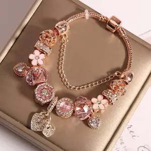 Rose Gold Crystal Heart Charm Bracelet – Elegant Pink Flower Jewelry Gift for Her - Variable Size - Stainless Steel Braclet
