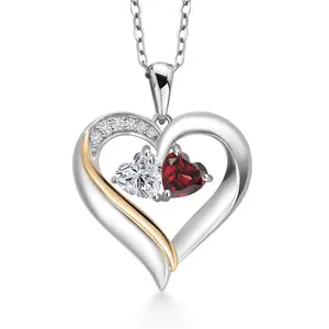 Gem Stone King 925 Silver and 10K Yellow Gold Lab Grown Diamond and Red Garnet Pendant Necklace for Women | 1.10 Cttw | Gemstone April Birthstone | Heart Shape 5MM | With 18 Inch Silver Chain
