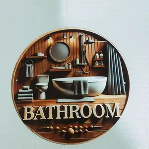 1PC Country Style Bathroom Sign - Wall Art, Round Bathroom Scene Design, Rustic Design, Vintage Plaque Decor, Suitable for Indoor/Outdoor Home, Living Room, Office and Garden Decoration, Bathroom Decoration, Indoor/Outdoor Decoration, Easy Ha