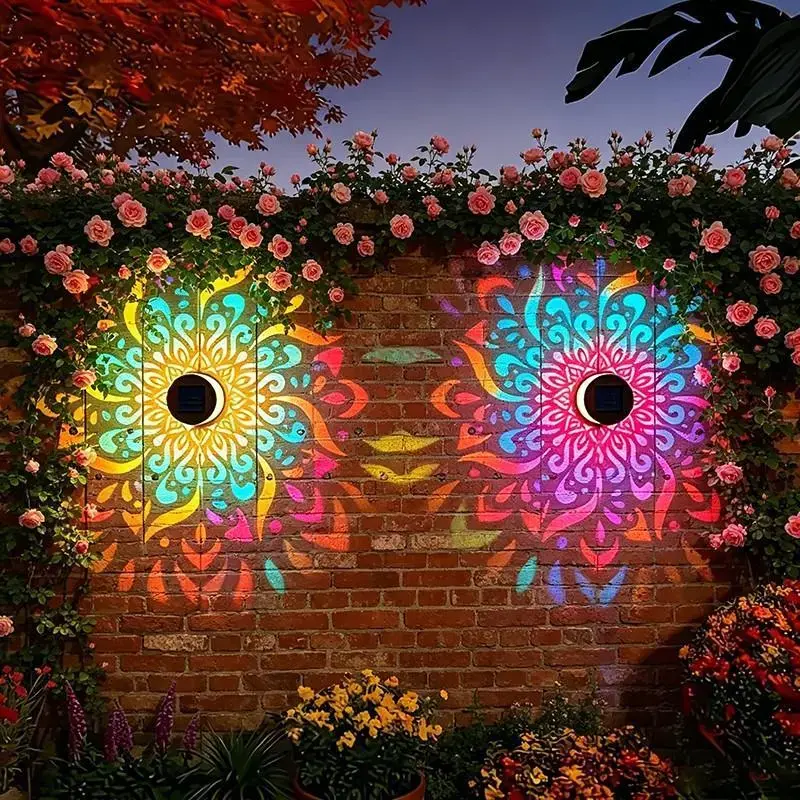 New 2-Pack Solar Mandala Projector Wall Lights,Outdoor Lighting for Garden,Patio,Backyard and Courtyard,Waterproof Durable Metal Fence Light,Outdoor Decorative Lights