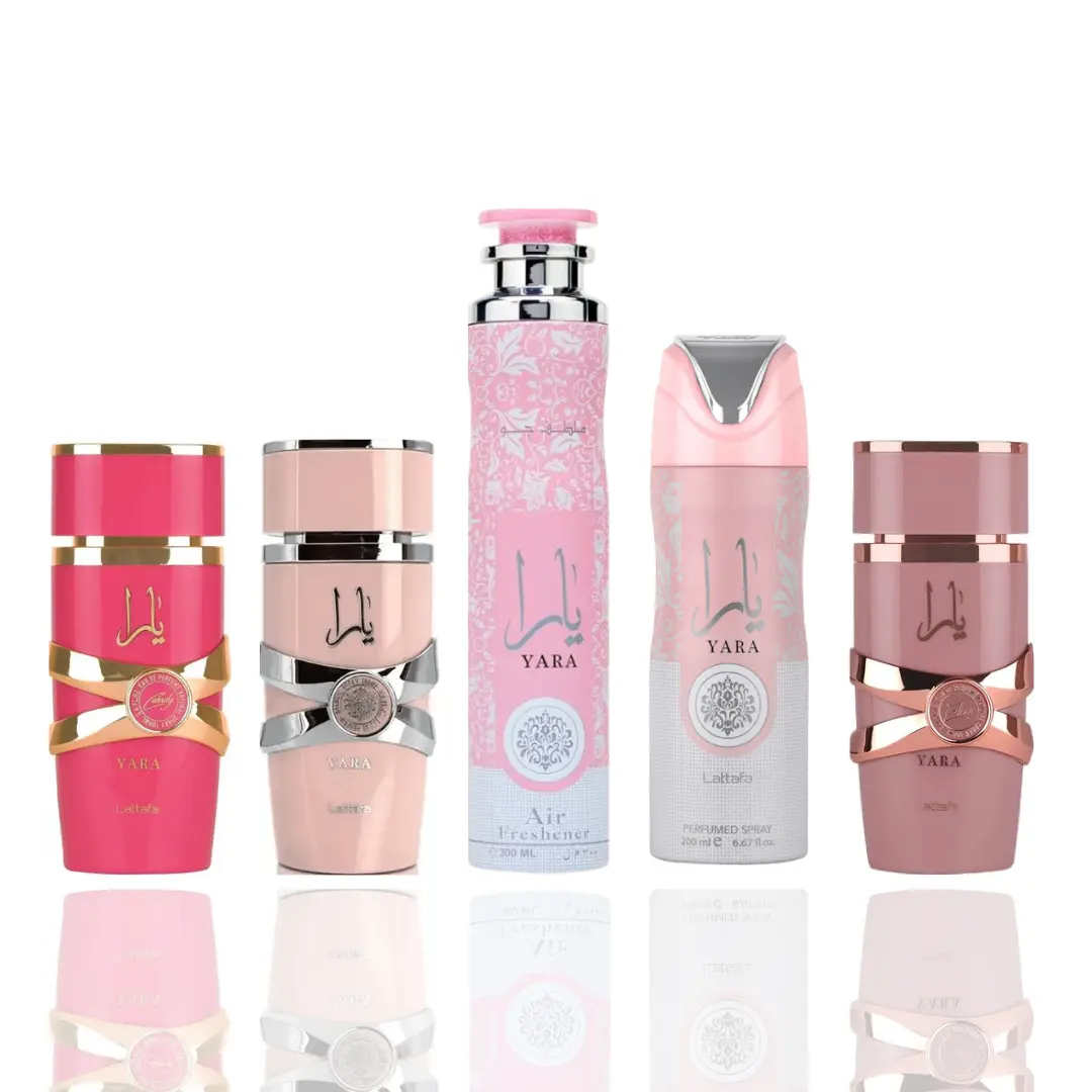Lattafa Yara Women's 5-Piece Boxed Fragrance & Body Care Bundle - Floral Peach Aroma Perfumes, Air Freshener, Deodorant, Elixir