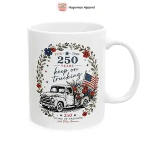 Patriotic Vintage Truck Floral Coffee Mug, 250 Years America Gift, USA Flag Wildflower Ceramic Mug, 4th of July Independence Day