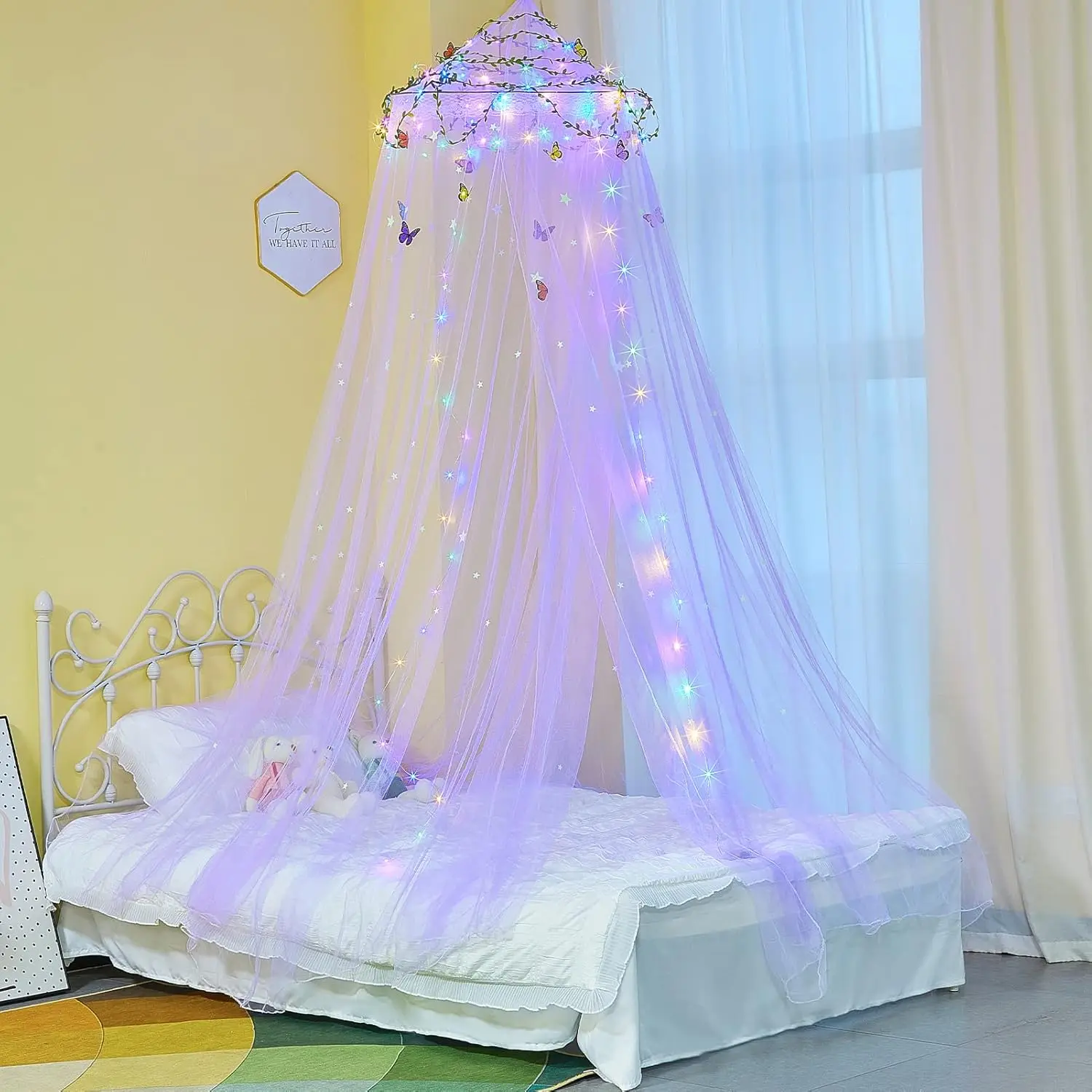 Bed Canopy for Girls Room Bed Canopy Curtains with Led Lights Mosquito Net DIY Princess Room Decor with Stars Butterflies for  Bedroom, Purple