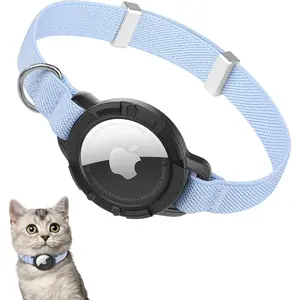 Cat Collar with Airtag Holder Elastic Adjustable Lightweight GPS Tracker for Cats Kittens Blue Detachable Comfortable and Stylish