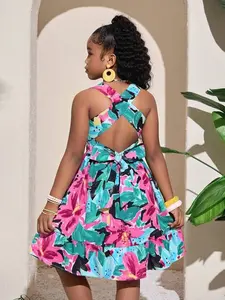 Girls Woven Tropical Plant Print Bowknot Decor Elastic Waist Short Dress