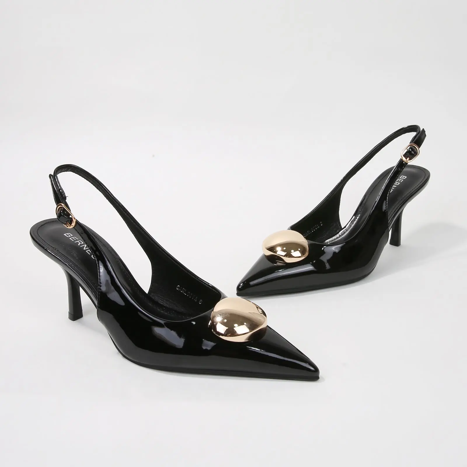 BERNESS Women's Carlotta Pumps, Pointed Toe Faux Patent Leather Slingbacks with Gold Dome Accent, 3" Stiletto Heel, Footwear