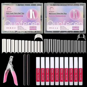 480PCS Extra Long C Curve Nail Tips and Glue, 2 Packs Natural and Clear Acrylic for Nails Professional Set, 12 Sizes Artificial Straight Square French False Nail Tips