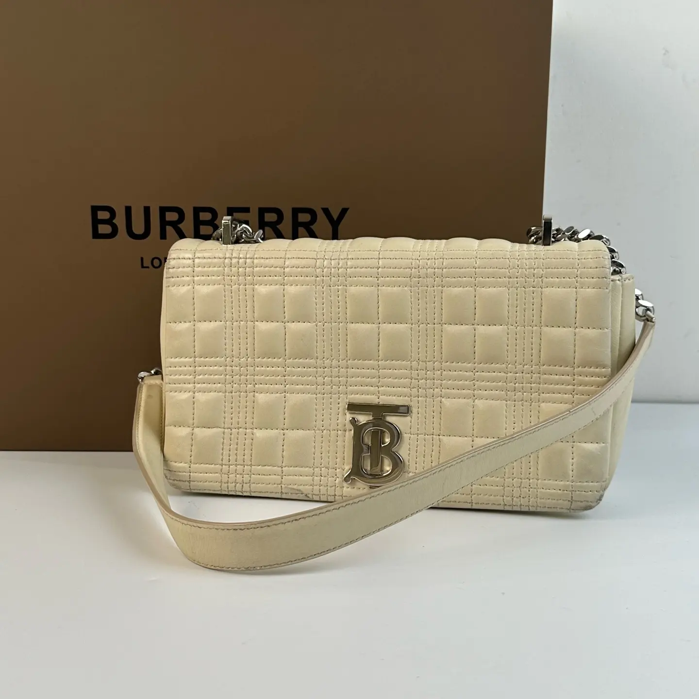 Pre-owned BURBERRY TB Quilted Check Lambskin Flap Crossbody Bag, Silver TB Logo Hardware									