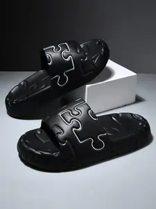 Men's Black Puzzle Pattern Slides, Casual Comfortable Home Slippers, Soft Non-slip Slippers for Indoor & Outdoor Wear