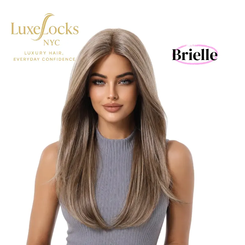 Brielle-20 Inch Ash Brown  MONO Glueless Lace Top Wig with Blonde Highlights for Women Long Straight Layered Synthetic Wig, Natural Middle Part MONO Glueless Lace Top Wig, Wear and Go Daily Wig