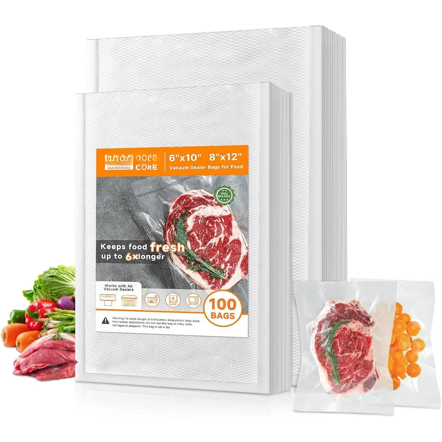 Kitchen Vacuum Sealer Bags - 100 2-Size Rectangular Bags (6"x10", 8"x12"), Heavy-Duty Meal Prep Storage for Prepping Families, Puncture-Safe, Freezer-Safe, Sous Vide Compatible with Vacuum Sealers