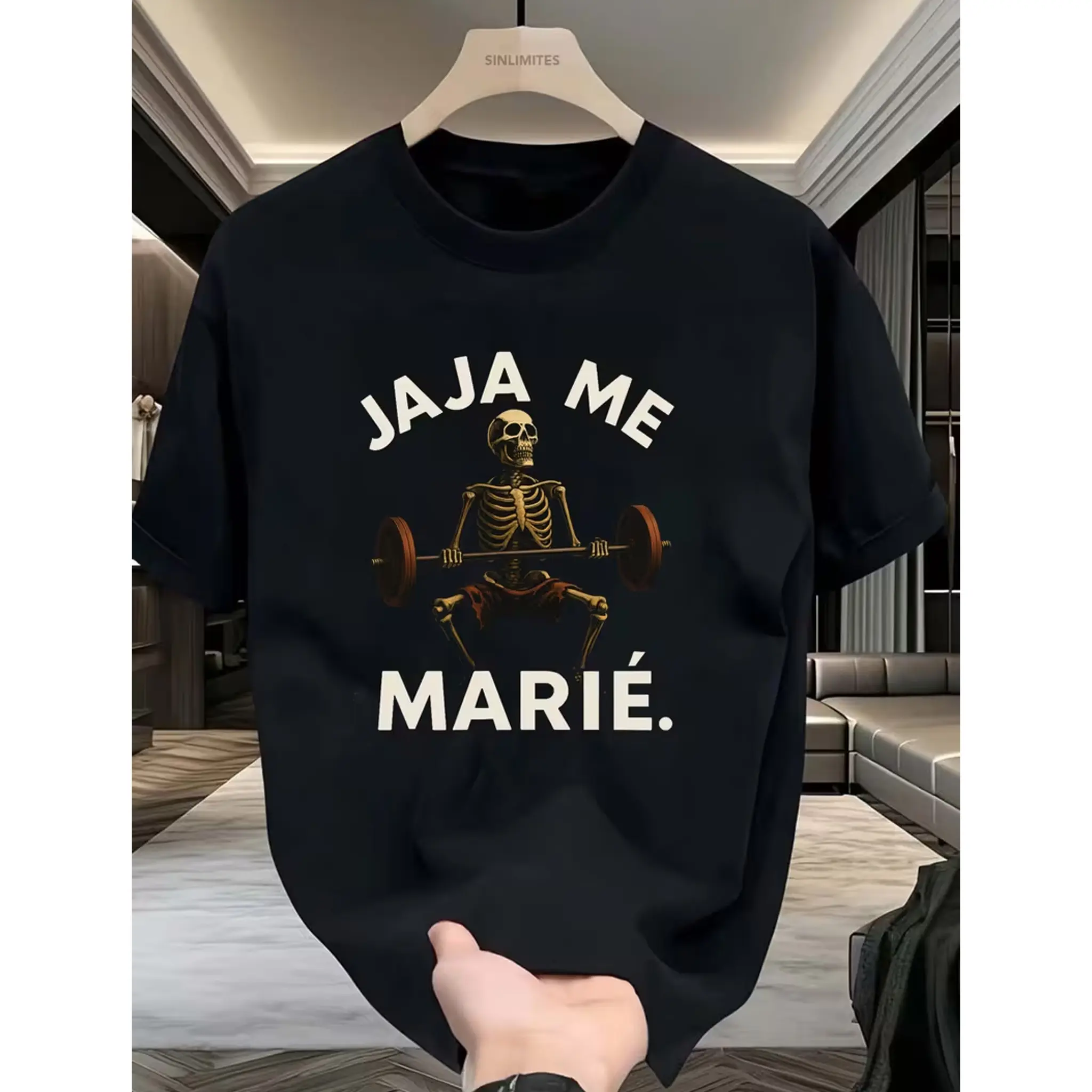 Men's Jaja Me Marie Weightlifting Skull T-Shirt - Humorous Gym & Fitness Top with Skull & Barbell, Breathable Loose Fit Suitable for Weight Training, Casual Wear