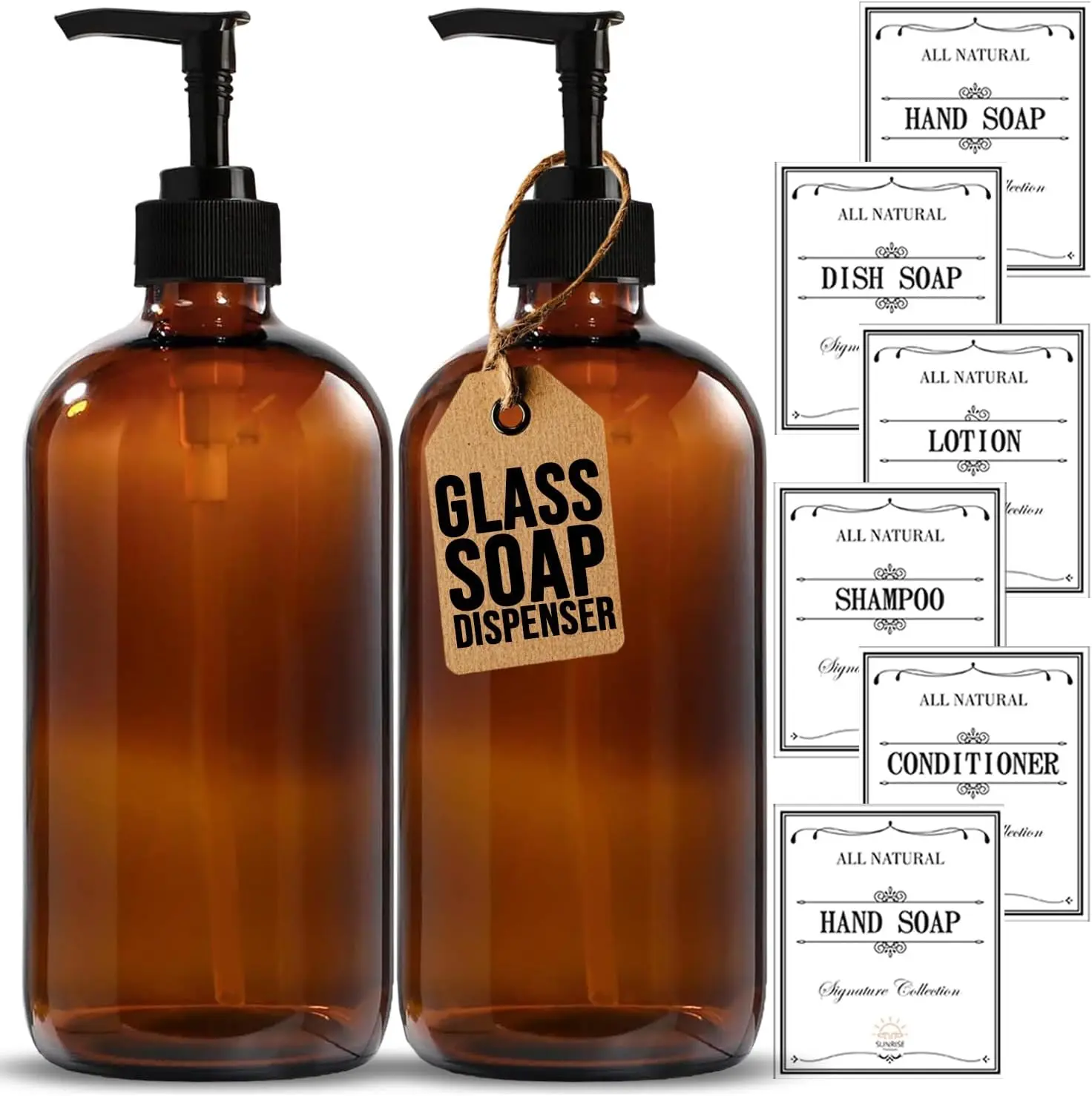 2-Pack 16 oz Thick Amber Glass Jar-Shaped Screw-On Leak-Proof 1-Touch Soap Dispensers with Plastic Press Pumps, Bathroom & Kitchen Supplies Set with 6 Waterproof Labels for Hand & Dish Soap, Screw-On Soap Dispensers