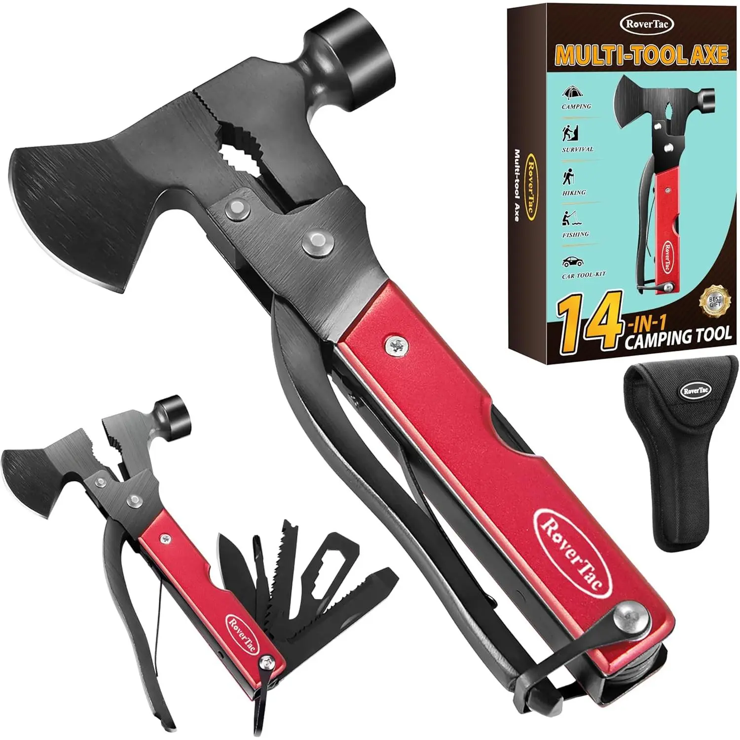 multifunctional tool 14-in-1 Multitool Camping Axe Hatchet – Camping Gear with Knife Saw Bottle Opener, Screwdriver – Tool with Sheath – Gifts for Men, Dad, and Adventures