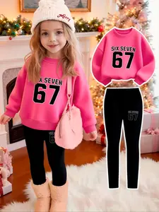Girls' Trendy Number 67 Print Hoodie Set, Round Neck Hoodie & Tight Pants Two-Piece, Casual Comfortable Spring & Fall, Girl Clothes School