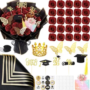 48 Pcs Red Glitter Rose Bouquet DIY Kit, Graduation Gifts for Her Class of 2026, Sparkly Artificial Flowers with Crown 3D Butterflies and Cards, Class of 2026 Senior Graduation Bouquet