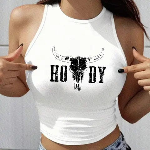 Women's Bull Head & Letter Print Round Neck Short Tank Top, Casual Sleeveless Graphic Top for Summer, Ladies Clothes for Daily Wear Womenswear, Casual Sleeveless Tops