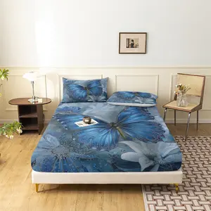 3Pcs Luxury Blue Butterfly Rose Print Microfiber Bed Fitted Sheets Sets, Including 1 Count Fitted Sheet & 2 Counts Pillowcase without Filler, Soft Comfortable Bedding Set For Home Bedroom, Decorative Bedsheet Sets, Breathable Durable Sheets