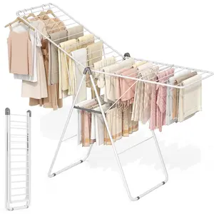 Clothes Drying Rack, Foldable Drying Rack Clothing, Sturdy Metal Laundry Drying Rack, Height-Adjustable Gullwing, Easy to Fold, Space-Saving, for Indoor Outdoor, White