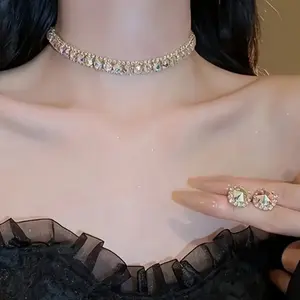 Stunning Full Rhinestone Inlaid Stud Earrings and Necklace Set - Elegant Gold-Tone Jewelry Set with Rhinestones