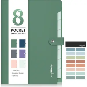 Elegant Accordion File Organizer with Labels, 8 Pocket Expanding File Folder, Portable Folder for Documents, Cute Paper Organizer for Office Supplies, Letter Size, Dark Green