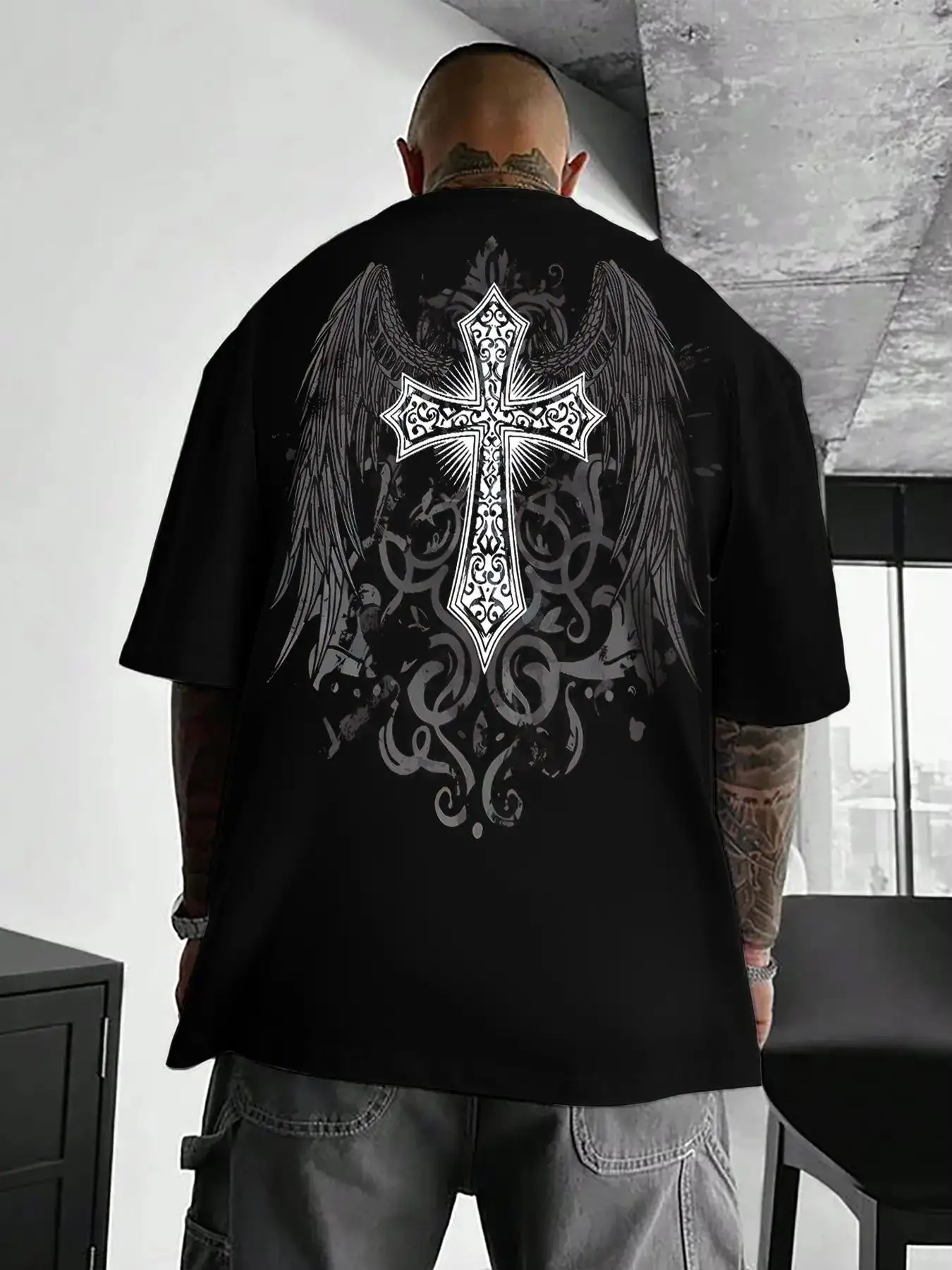 Men's Cross & Wing Print Drop Shoulder Tee, Casual Streetwear Regular Fit Half Sleeve Round Neck T-Shirt for Summer, Comfy Men's Top for Daily Wear