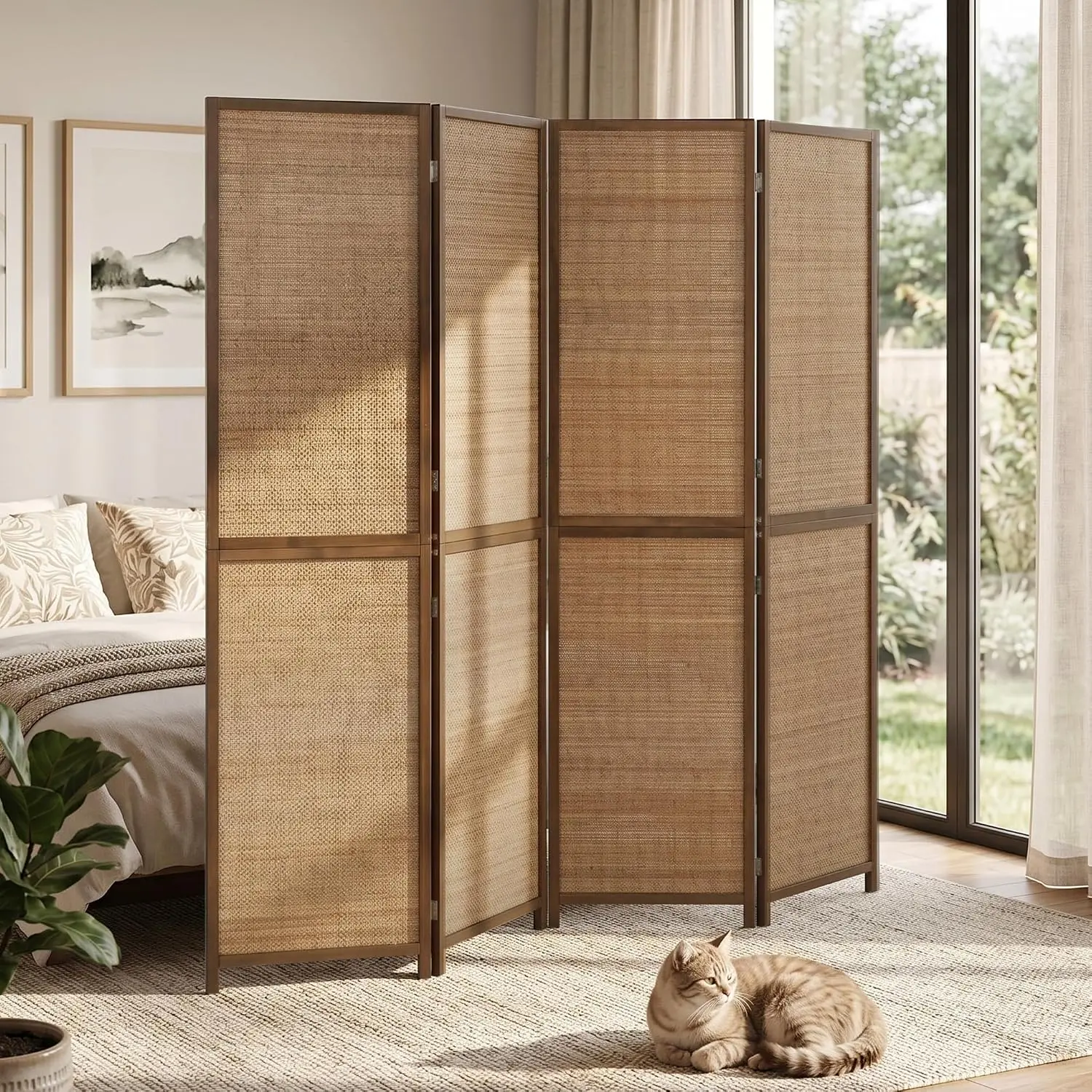 Crestholm 6 FT Tall 4-Panel Bamboo Room Divider, Hand-Woven Bamboo & Cotton, Pine Frame Mortise & Tenon, Varnish Finish, Light + Air Flow, Boho Privacy Screen – Brown