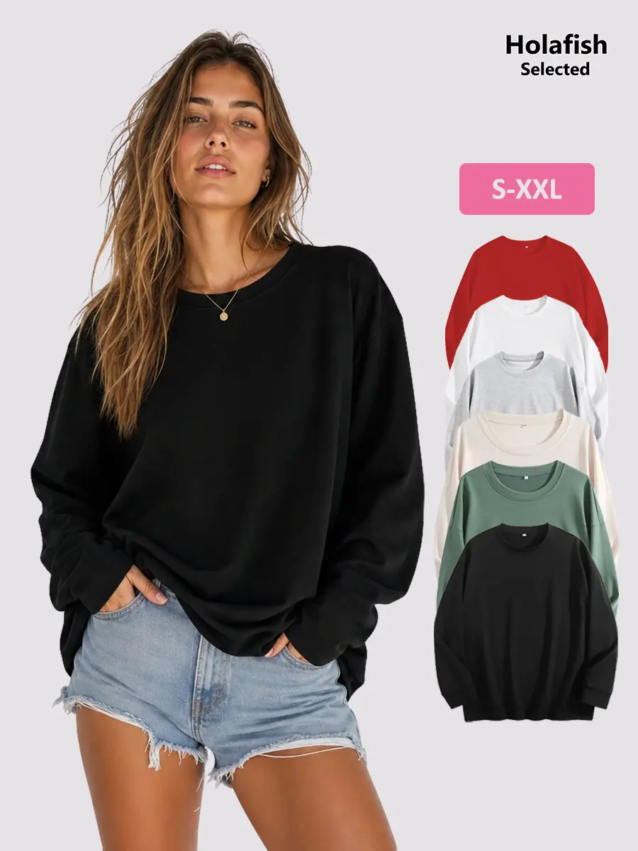 Holafish Women's Cozy Crewneck Sweatshirt Drop Shoulder Relaxed Fit Long Sleeve Pullover Casual Everyday Wear Autumn Streetwear Basic Chic Fashion