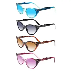 4-Pack Fashionable Dual-Tone Blue Light Blocking Reading Glasses, designed for women. Features an oversized cat-eye frame with an asymmetrical silhouette, adjustable spring hinges, durable lenses, and comfortable wear. Stylish outdoor sun reading glasses.